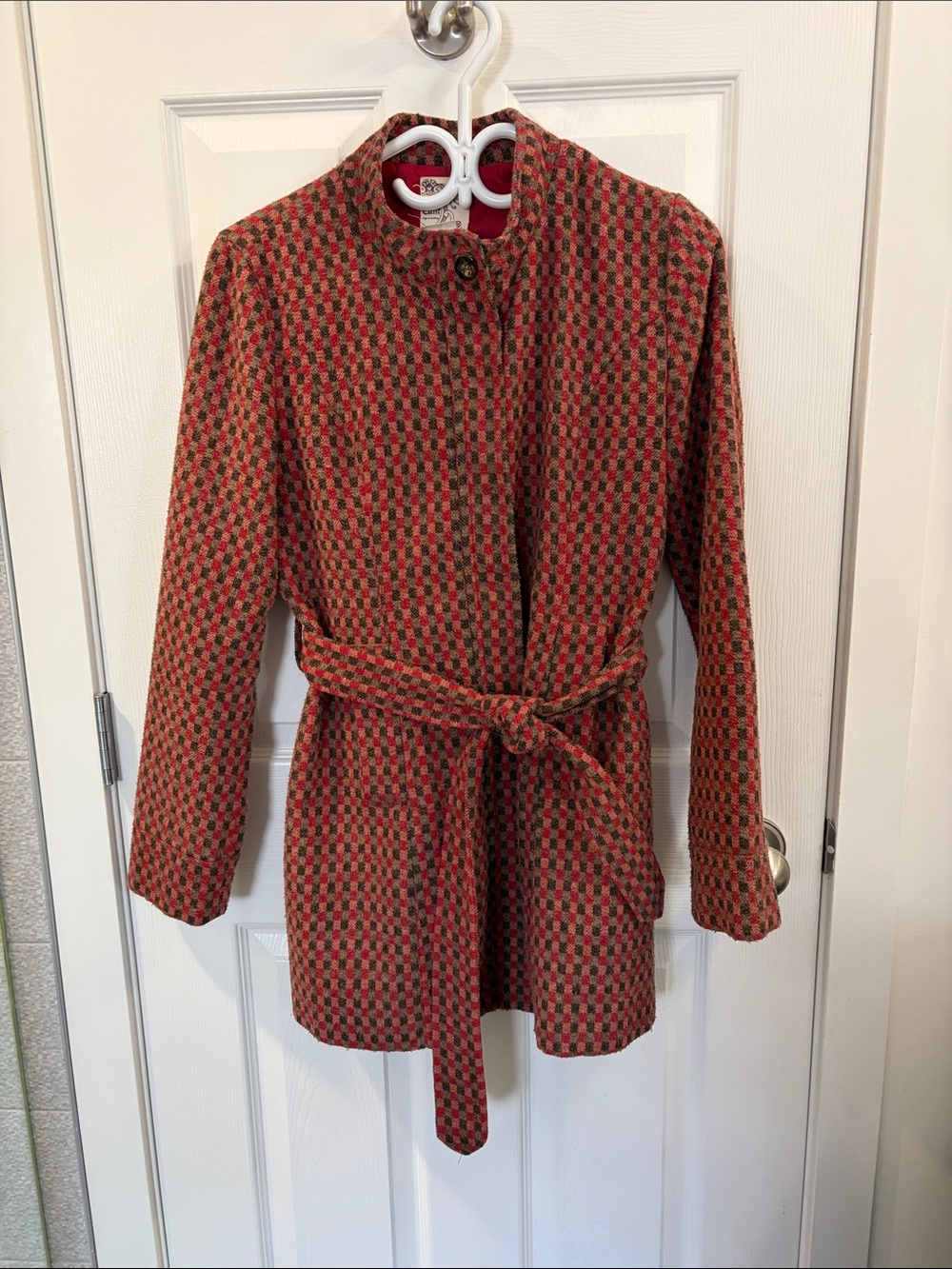 Tulle Red and Brown Checked Belted Fall Pea Coat